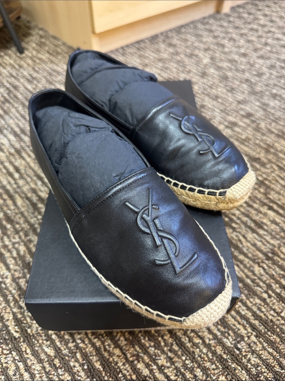 Saint Laurent Black Leather Espadrille Loafers with YSL Logo